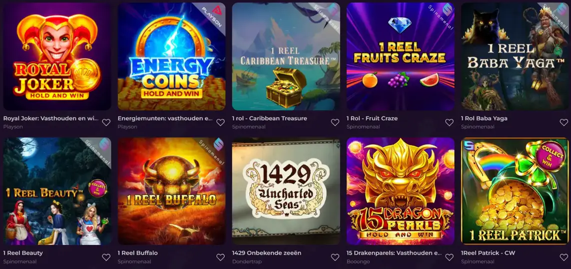 Overzicht van gokkasten bij Zumospin met titels zoals Royal Joker, Energy Coins, 1 Reel Fruits Craze en 15 Dragon Pearls